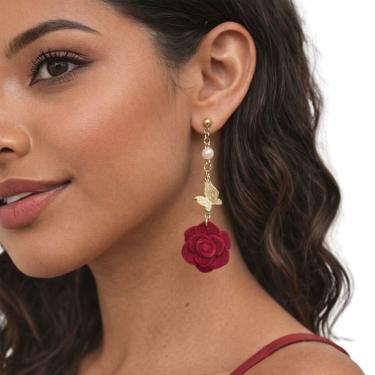 Imagem de Brinco Rosa Vermelha Pérola Borboleta Dourado Festa Luxo