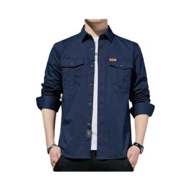 Imagem de Camisa Cargo Masculina 100% Algodão De Manga Longa Com 2 Bolsos, Casua