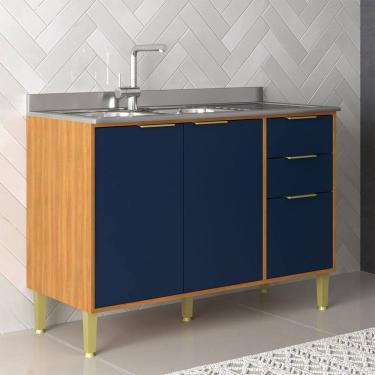 Imagem de Balcão de Cozinha para Pia 120 Cm Domus 2 Portas 3 Gavetas Nogal/Royal - Hecol Móveis
