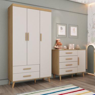 Imagem de Conjunto Quarto Bebê Retrô Guarda Roupa 3 Portas Cômoda 4 Gavetas 1 Porta Off White Lud...