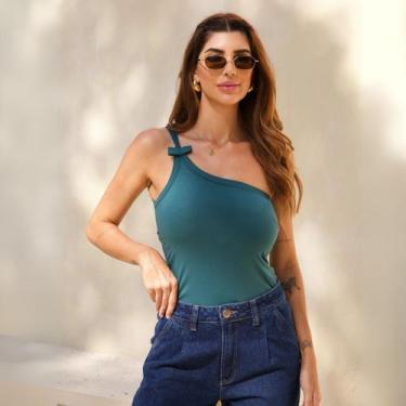 Imagem de Blusa Ombro Só Com Laço Feminino Revanche Selêucia, P, Verde petroleo