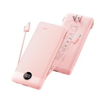 Imagem de Carregador Portátil Coowisty 10000mAh com Cabos Integrados Rosa
