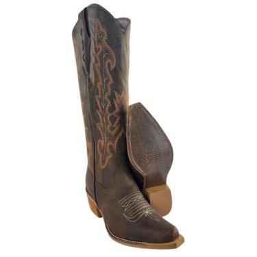 Imagem de Bota Texana Feminina Vimar Bico Fino Couro Fóssil Castanho Bordado Sol