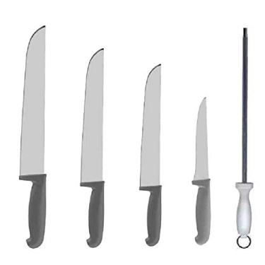 Imagem de Kit Faca Açougueiro Churrasco Cozinha Aço Inox 6" 8" 10" 12" e Chaira 12" - 5UN