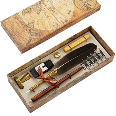 Imagem de YLHXYPP Conjunto de canetas de imersão requintado, conjunto de bastões de cera, kit de canetas de caligrafia, penas, 10 peças, pontas de substituição para convites e cartas de escrita (cor: A)