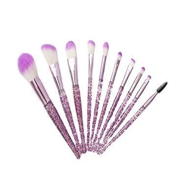 Imagem de 10 pincéis de maquiagem com cabo de cristal com balde para blush, ferramenta de beleza em pó, pincel para sombras de olhos (roxo)
