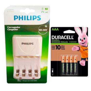 Imagem de Carregador Philips com 4 Pilhas Aaa 900mAh Duracell Recarregáveis RTU Bivolt Inmetro