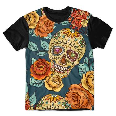 Imagem de Camiseta As Braba Masculina Caveira Mexicana e Flores Full Print