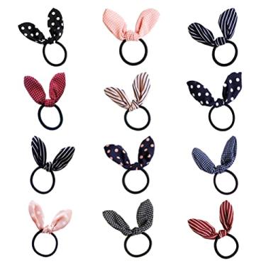 Imagem de Casualfashion 12 peças adorável orelha de coelho laços de cabelo faixa de cabelo rabo de cavalo suportes