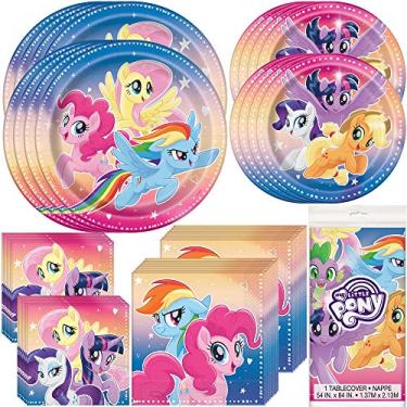 Imagem de Artigos e decorações de festa de aniversário My Little Pony | Pratos de papel de jantar e sobremesa, guardanapos de papel para almoço e bebidas e toalha de mesa