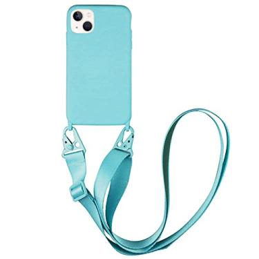 Imagem de CQUUKOI Compatível com iPhone 14, capa de telefone transversal com cordão, capa fofa de silicone macio com alça de ombro ajustável, protetor à prova de choque compatível com mulheres meninas azul