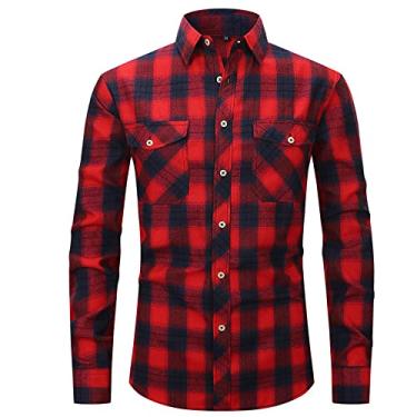 Imagem de Jueshanzj Camisa xadrez masculina de flanela manga longa bolsos duplos, Vermelho 3, XXG