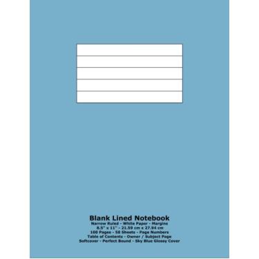 Imagem de Caderno pautado em branco: pautado estreito - papel branco - 8,5" x 11" - 21,59 cm x 27,94 cm - 100 páginas - 50 folhas - números de página - índice - capa brilhante azul celeste