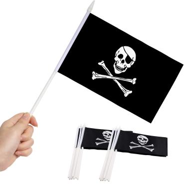 Imagem de Bandeira da vara de pirata, ANLEY Jolly Roger Mini bandeira HandHeld de 5x8 polegadas com pólo sólido branco de 12 "- cor vívida e resistente ao desbotamento - bandeiras de vara