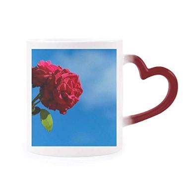 Imagem de Caneca de grés com folhas verdes e céu azul com rosas vermelhas que mudam de cor vermelha