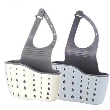 Imagem de Porta-esponja de silicone para pia de cozinha, suporte de sabonete de plástico para pendurar com alça ajustável, orifícios de drenagem antimicrobiana para secagem sanitária, Louças, Blue-Beige, 1