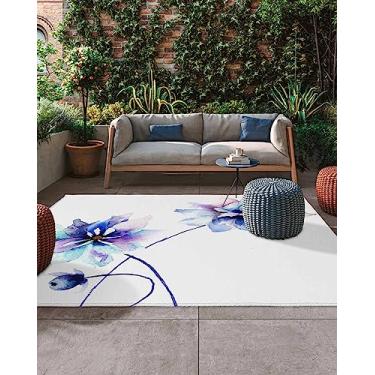 Imagem de Savannan Tapete para área ao ar livre, aquarela flor azul branco absorvente fácil de limpar, tapete antiderrapante para sala de jantar, quintal, deck, pátio 1,2 x 1,8 m