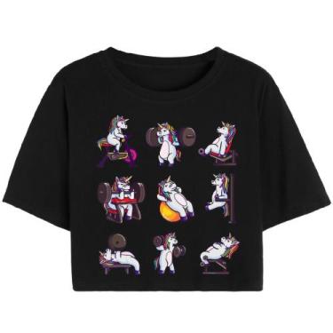 Imagem de Cropped T Shirt Feminino Casual Curto Algodão Unicornio Academia - Mar