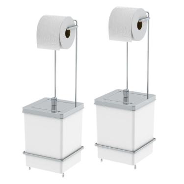 Imagem de Kit 2 Suporte Porta Papel Higiênico Com Lixeira Quadrada 6,5L Banheiro Branco Cromado - 1632BCC Future