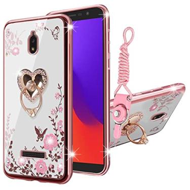 Imagem de KuDiNi Capa para BLU View 2 B130DL Capa de telefone para mulheres Glitter Crystal Soft TPU Bling Cute Butterfly Heart Floral Clear Capa protetora com suporte + alça para BLU View 2 (ouro rosa)