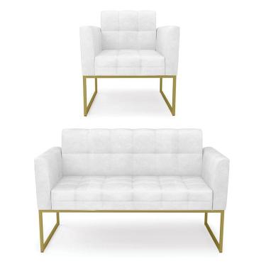 Imagem de Kit 1 Sofá Namoradeira e 1 Poltrona Elisa Corano Branco Base Metálica Industrial Dourado - D`Rossi