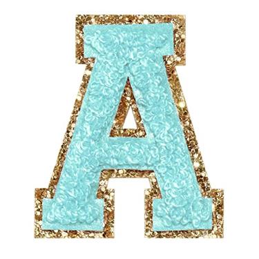 Imagem de 3 Pçs Chenille Letter Patches Ferro em Patches Glitter Varsity Letter Patches Bordado Bordado Borda Dourada Costurar em Patches para Vestuário Chapéu Camisa Bolsa (Azul, A)