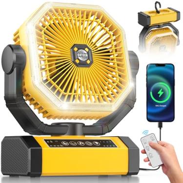 Imagem de Orteen Ventilador de mesa portátil recarregável de 22 cm, ventilador de acampamento alimentado por bateria de 20000 mAh com oscilação automática, controle remoto, luz LED, gancho - 20000mAh-amarelo