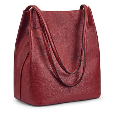 Imagem de Kattee Bolsa de ombro feminina de couro legítimo macio com fecho magnético na parte superior, Vinho tinto, M