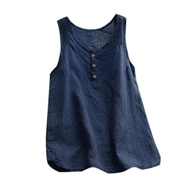Imagem de Lainuyoah Camisetas femininas de verão 2024 modernas blusas de primavera casuais modernas regatas de linho gola redonda sem mangas túnica de trabalho, A - azul-marinho, GG