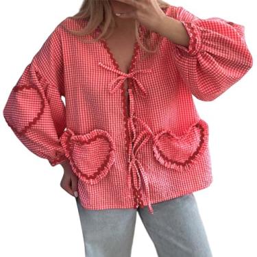 Imagem de Blusa feminina com gola V, manga comprida, xadrez, blusa folgada, casual, curta, V, Vermelho, M