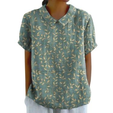 Imagem de Blusa feminina de linho lapela arte floral gola redonda botão solto camiseta casual 5 camisetas, Verde, XXG