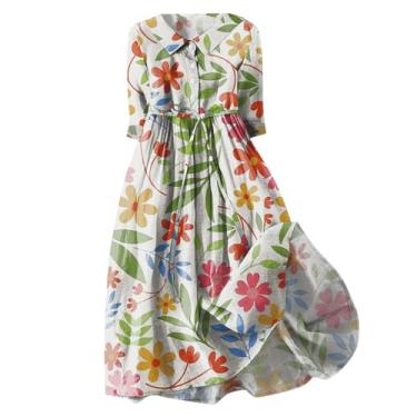 Imagem de Vestidos de linho para mulheres 2024 estampa floral manga 3/4 vestido abotoado vestido casual rodado midi vestido, Verde, XXG