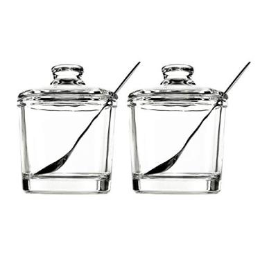 Imagem de Vencer Conjunto de 2 açucareiros de vidro transparente com tampa e colher de servir de açúcar de aço inoxidável, potes de condimentos, bar, cozinha, decoração de casa, 180 ml cada, VYO-062