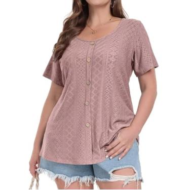 Imagem de MONNURO Camiseta feminina plus size manga curta botão plissado cor sólida túnica top, Rosa cinza, 3X