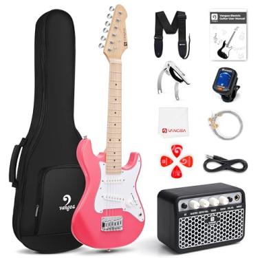 Imagem de Guitarra elétrica Vangoa de 76 cm para iniciantes kit para jovens músicos com amplificador, bolsa, alça, cordas extras, capo, afinador, palhetas, cabo (rosa)