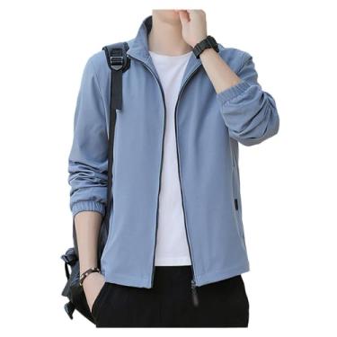 Imagem de Jaqueta masculina leve cor sólida gola beisebol casaco slim fit casual punhos elásticos tops, Azul, GG