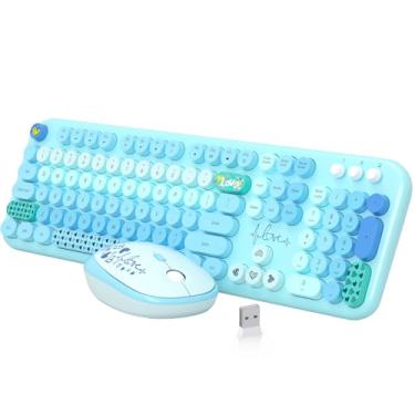 Imagem de Combo de teclado e mouse sem fio, MOFII 104 teclas arredondadas, adorável teclado e mouse colorido em tamanho real com máquina de escrever retrô para PC/Mac/Laptop/Tablet/Computador/Windows Azul