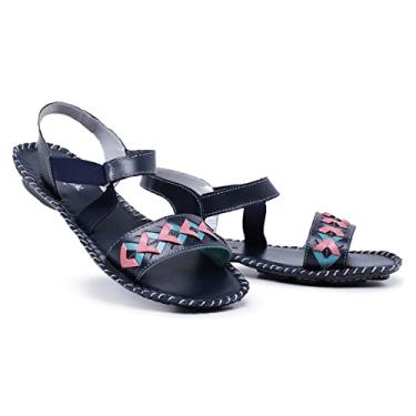 Imagem de Sandália Feminina Ortopédica Couro Confortável Rasteirinha Azul 40