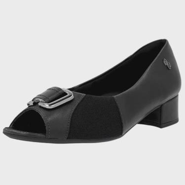 Imagem de Sapato Feminino Peep Toe Salto Bloco Couro Enfeite Usaflex