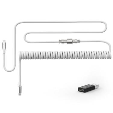 Imagem de ATTACK SHARK Cabo USB C enrolado CO4-C para teclado mecânico com adaptador USB para USB C, tipo C para tipo C, cabo de carregamento de mola de manga dupla TPU com conector de aviador de metal de 5