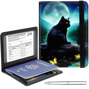 Imagem de Capa para passaporte carteira essencial de viagem com bloqueio de RFID, capa de couro para passaporte, compartimento para cartão de vacina, organizador para homens e mulheres, abelha da lua, Gato