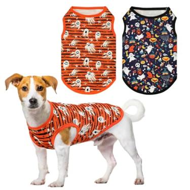 Imagem de ShuRung 2 peças regatas sem mangas para cachorrinho de Halloween, fantasma, morcego assustador, abóbora, camiseta temática de Halloween, colete para cães pequenos e gatos de tamanho médio, P