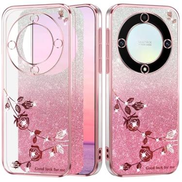 Imagem de Yarxiawin Capa para Honor Magic 6 Lite Capa de telefone transparente com glitter estético brilhante Honor Magic 6 Lite para mulheres silicone TPU macio floral transparente à prova de choque rosa fina