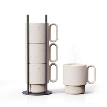Imagem de Canecas de café empilháveis com suporte preto - Canecas de cerâmica de 10 x 25 ml com ótica única polvilhada - Rack de metal revestido em pó - Seguro para lava-louças - micro-ondas e forno - Design