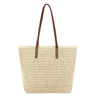 Imagem de Naimo Bolsa feminina de palha para praia, bolsa de ombro de tecido, grande, feita à mão, tecelagem, bolsa Hobo casual de verão, Bege - Sacola B, One Size