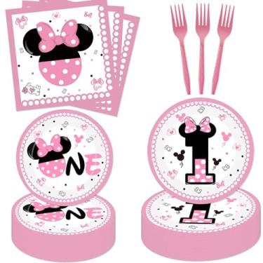 Imagem de 50 peças Minnie 1º aniversário festa jantar meninas um conjunto de talheres meninas um prato de papel guardanapos garfos para decoração de festa de chá de bebê Minnie 1º aniversário
