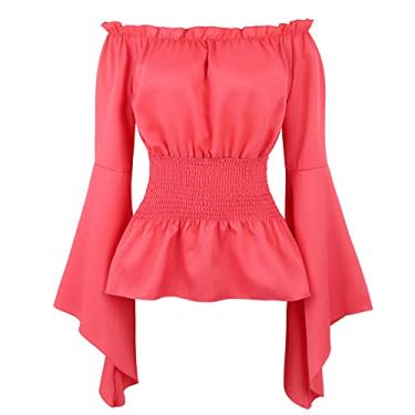 Imagem de Blusa retrô com ombro vazado para mulheres, blusa Steampunk de manga comprida, túnica e fantasia de pirata, Ju vermelho, M