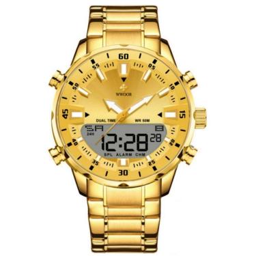 Imagem de Relógio Masculino De Quartzo Digital Display Duplo Pulseira Em Aço Inoxidavel Impermeável Dourado