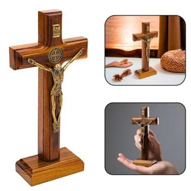 Imagem de Crucifixo Parede E Mesa Cristo Metal São Bento Dourado 17 Cm - FORNECE