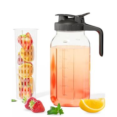 Imagem de VA1KENE Jarra de vidro de 2 litros com infusor de frutas, frasco de vidro de boca larga com tampa hermética, jarro de água para porta de geladeira à prova de vazamento para chá gelado, fabricação de